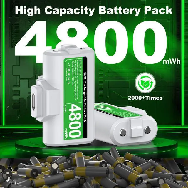 Alt view image 4 of 7 - Rechargeable Batteries for Xbox One/Xbox Series X|S Controller,2x4800mWh Xbox Controller Battery Pack, Play and Charge Kit for Xbox Series X/S,Xbox One/Elite,Xbox One S/X with LED Indicator
