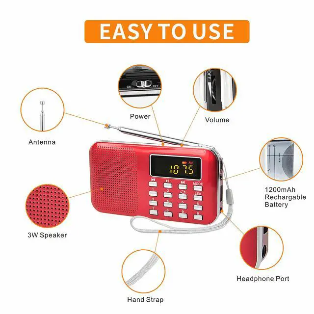 Alt view image 2 of 6 - Radios Portable AM/FM MP3 Speaker, Supports Micro SD/USB, Records Music, Rechargeable Battery, Mini Radio with Best Reception (RED)
