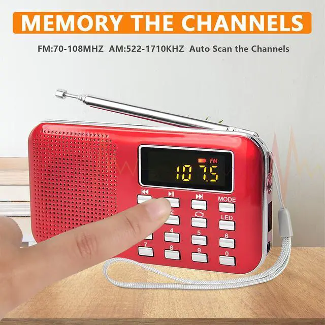 Alt view image 3 of 6 - Radios Portable AM/FM MP3 Speaker, Supports Micro SD/USB, Records Music, Rechargeable Battery, Mini Radio with Best Reception (RED)