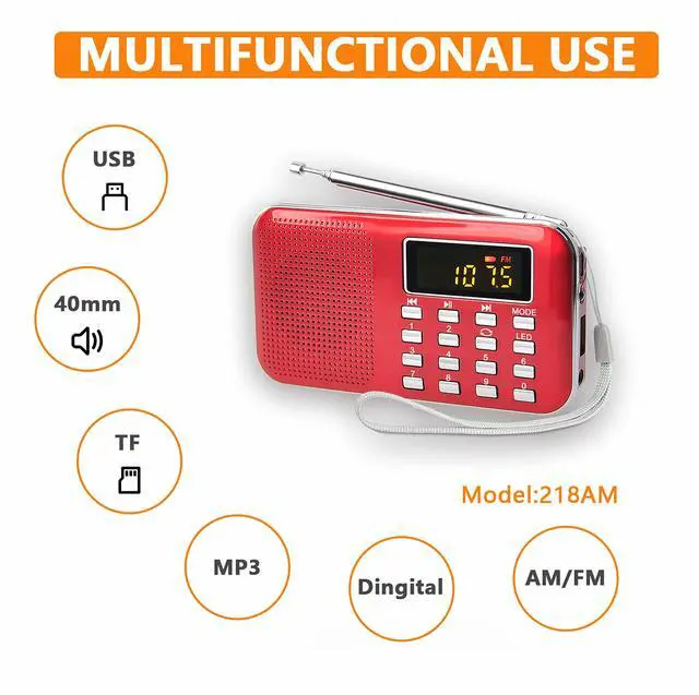 Alt view image 4 of 6 - Radios Portable AM/FM MP3 Speaker, Supports Micro SD/USB, Records Music, Rechargeable Battery, Mini Radio with Best Reception (RED)