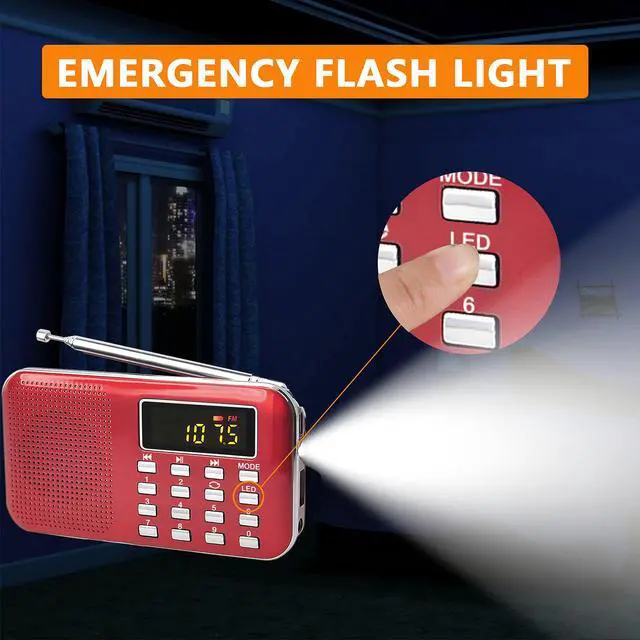Alt view image 5 of 6 - Radios Portable AM/FM MP3 Speaker, Supports Micro SD/USB, Records Music, Rechargeable Battery, Mini Radio with Best Reception (RED)