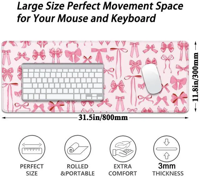 Alt view image 5 of 7 - Pink Bow Desk Pad Mouse Pad,Extend XL Mouse Mat with Stitched Edges,Non-Slip Rubber Base Large Mousepad for Office PC Keyboard Laptop and Home Work Desk Mat(31.5X11.8 in)