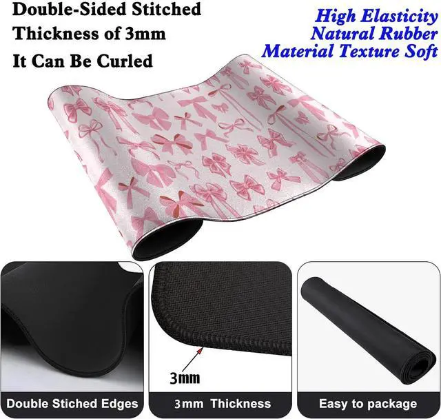 Alt view image 3 of 7 - Pink Bow Desk Pad Mouse Pad,Extend XL Mouse Mat with Stitched Edges,Non-Slip Rubber Base Large Mousepad for Office PC Keyboard Laptop and Home Work Desk Mat(31.5X11.8 in)