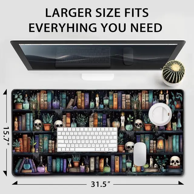 Alt view image 4 of 7 - Gothic Library Large Gaming Mouse Pad 31.5"x15.7"Vintage Bookshelf XXL Desk Mat, Non-Slip Rubber Base & Stitched Edges - Extended Waterproof Mousepad for PC/Laptop/Office/Home Decor