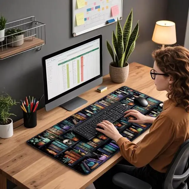 Alt view image 3 of 7 - Gothic Library Large Gaming Mouse Pad 31.5"x15.7"Vintage Bookshelf XXL Desk Mat, Non-Slip Rubber Base & Stitched Edges - Extended Waterproof Mousepad for PC/Laptop/Office/Home Decor