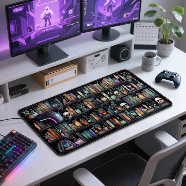 Alt view image 7 of 7 - Gothic Library Large Gaming Mouse Pad 31.5"x15.7"Vintage Bookshelf XXL Desk Mat, Non-Slip Rubber Base & Stitched Edges - Extended Waterproof Mousepad for PC/Laptop/Office/Home Decor