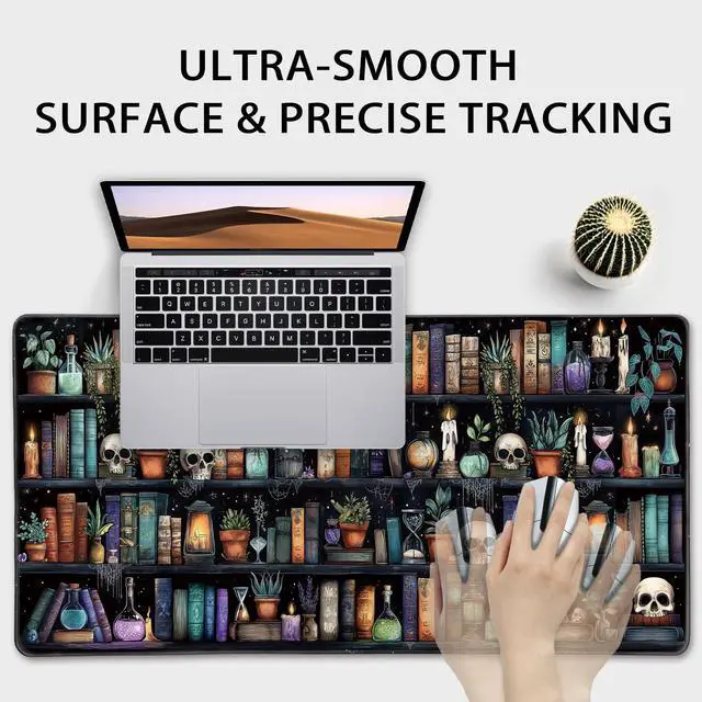 Alt view image 5 of 7 - Gothic Library Large Gaming Mouse Pad 31.5"x15.7"Vintage Bookshelf XXL Desk Mat, Non-Slip Rubber Base & Stitched Edges - Extended Waterproof Mousepad for PC/Laptop/Office/Home Decor