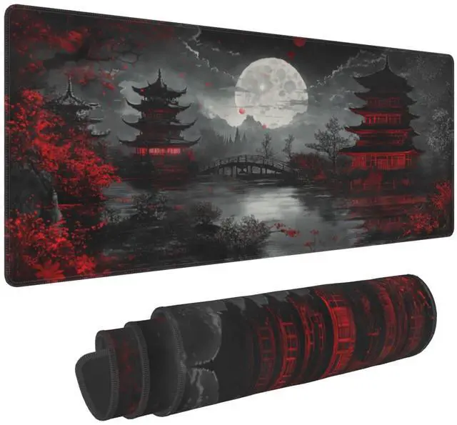 Main image of Japanese Mouse Pad XXL 31.5 X 11.8 Inch Black Red Design Style Extended Large Gaming Mousepad Keyboard Full Desk Mat Non-Slip Rubber Base Stitched Edges for Home Office