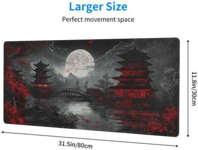 Alt view image 3 of 7 - Japanese Mouse Pad XXL 31.5 X 11.8 Inch Black Red Design Style Extended Large Gaming Mousepad Keyboard Full Desk Mat Non-Slip Rubber Base Stitched Edges for Home Office