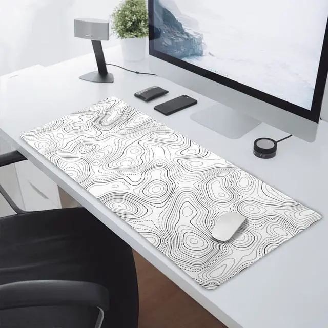 Alt view image 7 of 7 - Topographic Contour White Gaming Mouse Pad XXL Geographic Map Lines Extended Big Large Desk Mat Non-Slip Rubber Base Stitched Edge Long Keyboard Mousepad for PC Computer Laptop,35.4×15.7 in