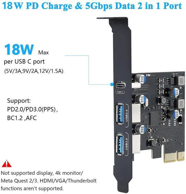 Alt view image 2 of 7 - USB PCIE Card 18W Power Delivery, PCI Express 3 Port (Type C, 2 x Type A) PCIe USB 3.0 Fast Charging Card Expansion Card with Low Profile Bracket for Desktop PC Windows XP/7/8/10 and Mac OS