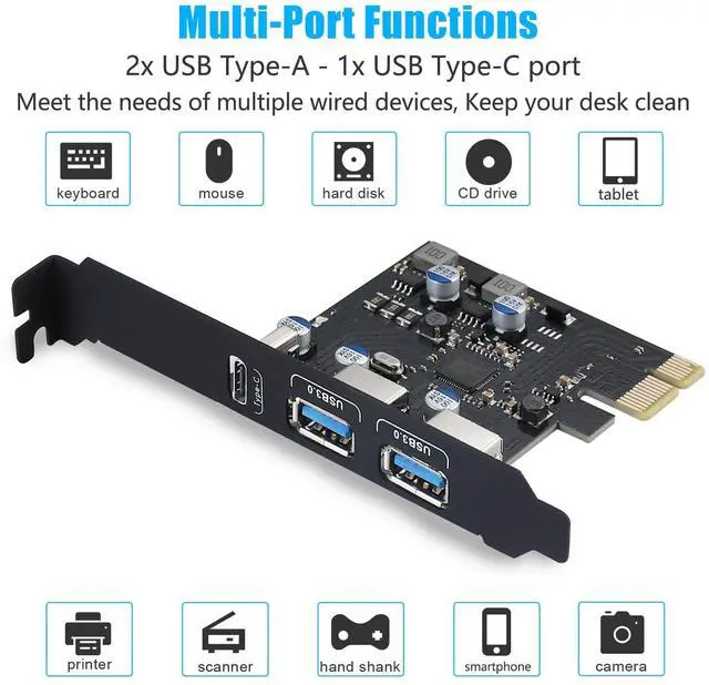 Alt view image 3 of 7 - USB PCIE Card 18W Power Delivery, PCI Express 3 Port (Type C, 2 x Type A) PCIe USB 3.0 Fast Charging Card Expansion Card with Low Profile Bracket for Desktop PC Windows XP/7/8/10 and Mac OS