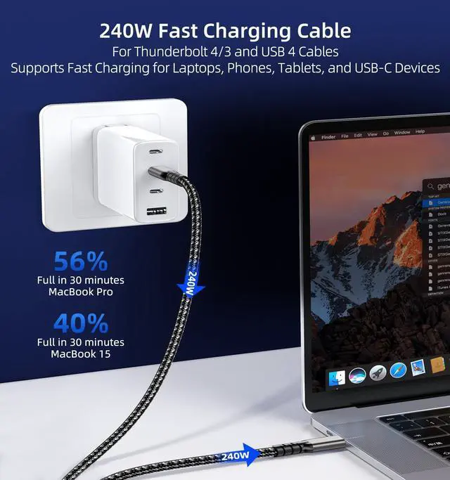 Alt view image 3 of 6 - USB4 Cable for Thunderbolt 4/3 Cable 3.3ft 2-Pack, 40Gbps Data Transfer 240W PD Fast Charging 8K/4K@60Hz Video Monitor Cable for MacBook iPhone16/17 iPad Samsung Galaxy Cell Phone Tablet Laptop