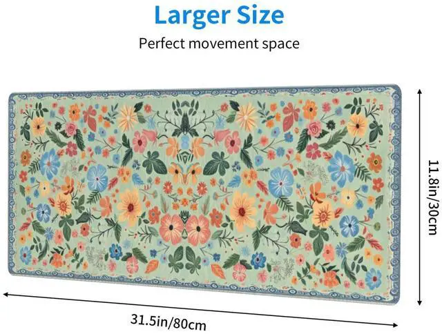 Alt view image 3 of 5 - Gaming Mouse Pad, Large Non-Slip Rubber Base Mousepad, Keyboard Mouse Mat, Desk Pad with Stitched Edges, 31.5x11.8inch, Wilde Flower