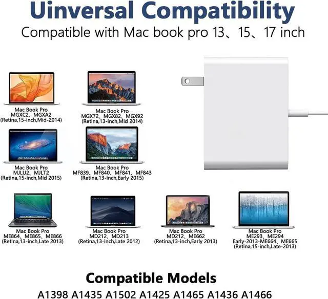 Alt view image 2 of 5 - MacBook Pro Charger, 85W T-Tip Magnetic Power Adapter, Replacement Charger Compatible with MacBook Pro 15/13-inch (2012-2015) (A1398 A1425 A1502), MacBook Air 11/13-inch (2012-2017) (A1465 A1466)