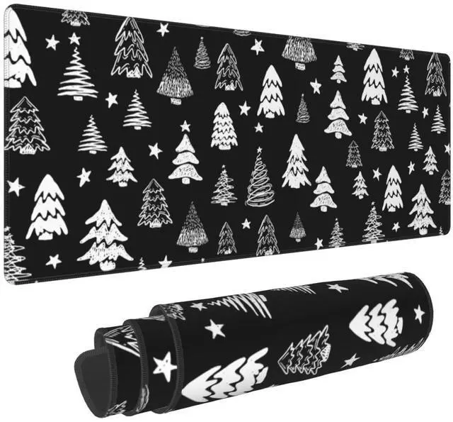 Main image of Black White Christmas Mouse Pad 31.5 X 11.8 Inch XL Xmas Tree Holiday Extended Large Gaming Mousepad Keyboard Desk Mat Non-Slip Rubber Base Stitched Edges for Home Office