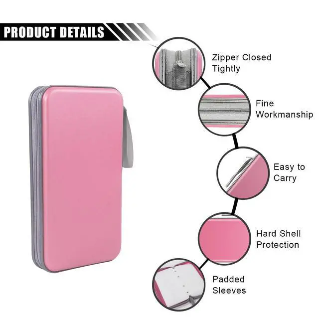 Alt view image 3 of 6 - Car CD DVD Case - 96 Capacity DVD Disc Storage Binder Wallet - Portable Hard Plastic CD Case Holder - Zipper Protective CD/DVD Organizer for Car Office Home Travel (Pink)