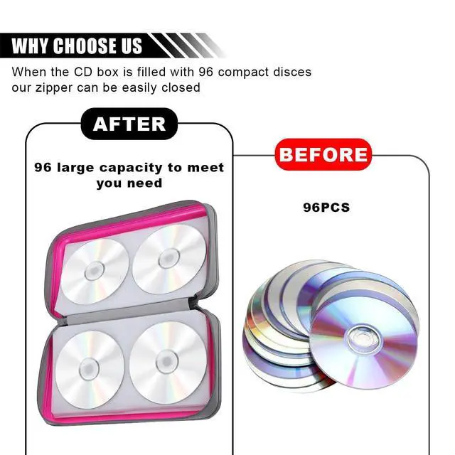 Alt view image 4 of 6 - Car CD DVD Case - 96 Capacity DVD Disc Storage Binder Wallet - Portable Hard Plastic CD Case Holder - Zipper Protective CD/DVD Organizer for Car Office Home Travel (Pink)