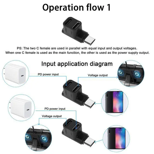 Alt view image 2 of 4 - 1 to 2 USB C 3.1 90 ° Angle Adapter 10Gbps USB 3.1 Type C Male to USB C3.1+USB C2.0 Dual Female Right Angle Connector Cannot be simultaneously Charged for Smartphone Steam Deck