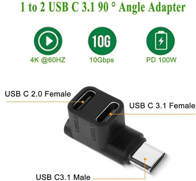 Main image of 1 to 2 USB C 3.1 90 ° Angle Adapter 10Gbps USB 3.1 Type C Male to USB C3.1+USB C2.0 Dual Female Right Angle Connector Cannot be simultaneously Charged for Smartphone Steam Deck