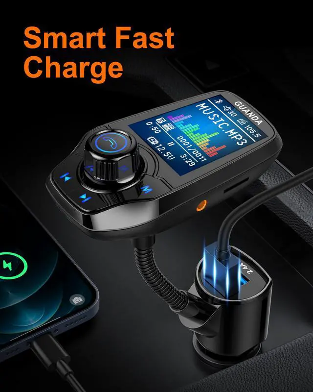 Alt view image 5 of 7 - Upgraded Bluetooth FM Transmitter for Car, Wireless Radio Adapter Kit W 1.8" Color Display Hands-Free Call AUX in/Out SD/TF Card USB Fast Charge 18W for All Smartphones Audio Players - Black