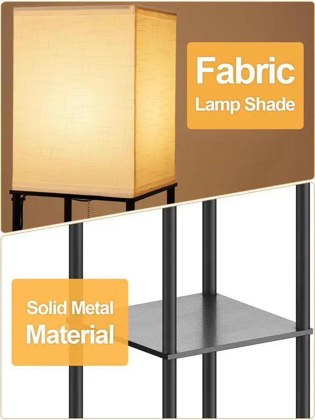 Alt view image 4 of 7 - Floor Lamp with Shelves for Living Room, Shelf Floor Lamp with 3 CCT LED Bulb, Corner Display Standing Column Lamp Etagere Organizer Tower Nightstand with White Linen Shade for Bedroom, Office