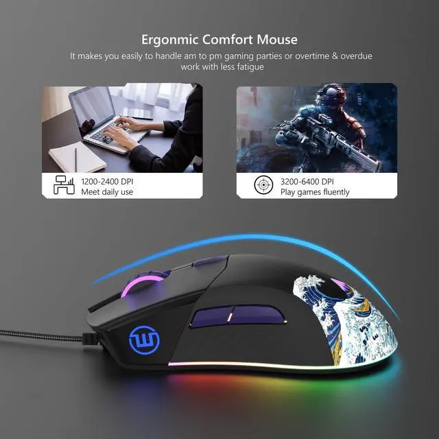 Alt view image 5 of 6 - Wired Gaming Mouse,Black RGB Anime Mouse w/Ergonomic Computer 12000DPI/6 Programmable Buttons Programmable Buttons for Laptop PC Mac Windows (G705 V2 Kanagawa)