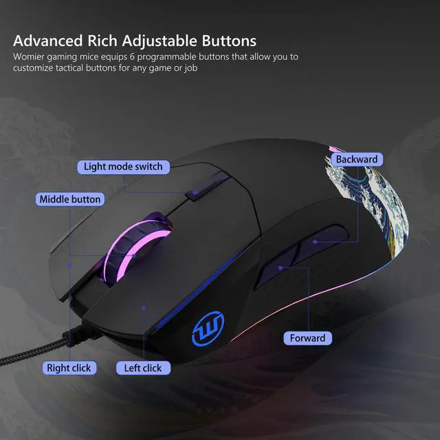 Alt view image 6 of 6 - Wired Gaming Mouse,Black RGB Anime Mouse w/Ergonomic Computer 12000DPI/6 Programmable Buttons Programmable Buttons for Laptop PC Mac Windows (G705 V2 Kanagawa)