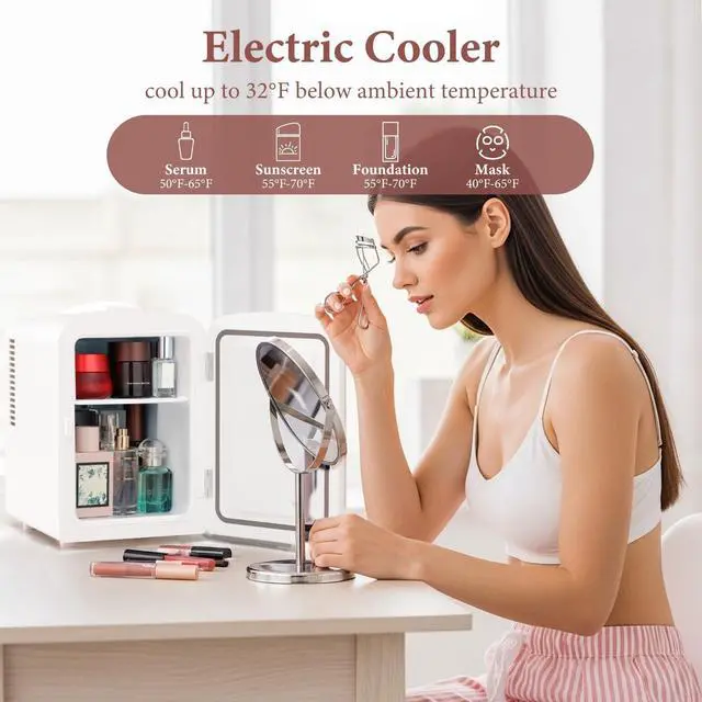 Alt view image 3 of 6 - Mini Fridge, 4L Portable Small Refrigerator for Skincare, Cosmetics, Food & Drinks, Compact Refrigerator for Bedroom, Dorm, Car, Office, White