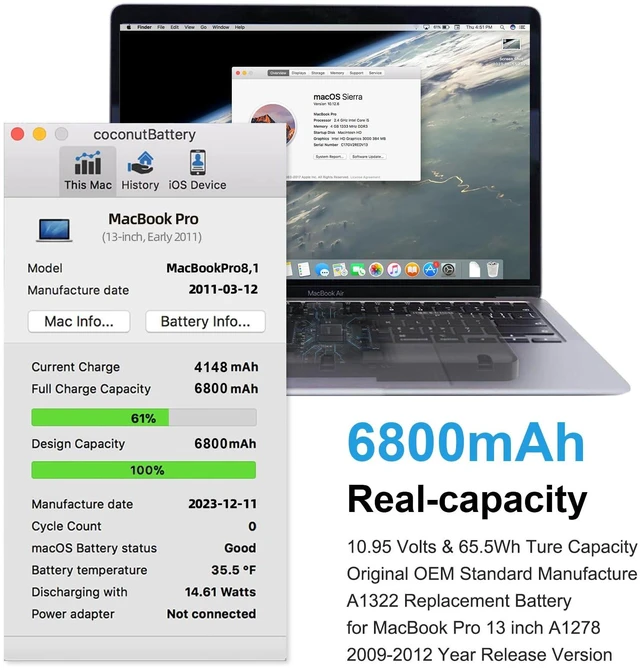 Alt view image 2 of 6 - A1278 Battery Replacement, A1322 Battery for MacBook Pro 13 Inch (Mid 2012 2010 2009 Early 2011 Late 2011) Improved Capacity 10.95V 6000mAh 65.5Wh (A1278 A1322 Battery & Tool Set)