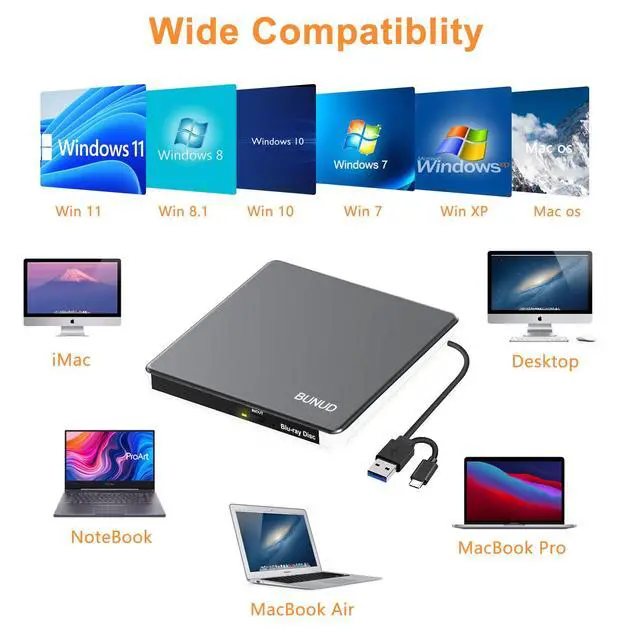Alt view image 7 of 7 - External Blu Ray CD DVD Drive, USB 3.0 Type C Blu ray Burner BD Player Read/Write Portable Bluray Drive Slim Optical Blue Ray CD DVD Reader for Laptop PC Windows 11 MacBook Pro Air Desktop Linux OS