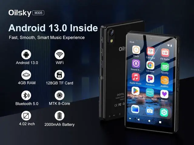 Alt view image 2 of 7 - 160GB MP3 Player with Bluetooth and WiFi, Oilsky 4.02" HD Music Player with Spotify, Audible, Amazon Music, Deezer, MP3 & MP4 Players Android 13 Touch Screen and Speaker, Up to 1TB