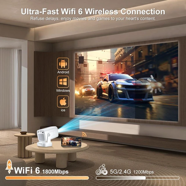 Alt view image 7 of 7 - Mini Projector Wifi Bluetooth 5.4, 1080P Native, Auto Focus & Keystone, 4K | Built in Apps, Short Throw, Portable Smart Proyector for Outdoor Movies/Bedroom/Gaming (2026 Upgrade)
