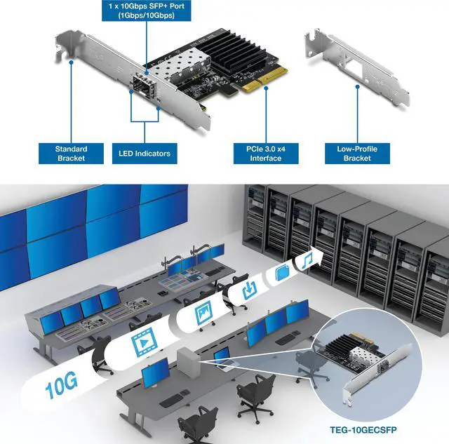 Alt view image 4 of 7 - 10 Gigabit PCIe SFP+ Network Adapter, TEG-10GECSFP, Convert A PCIe Slot Into A 10G SFP+ Port, NDAA & TAA Compliant, 802.1Q, Standard & Low-Profile Brackets Included, Windows Compatible,Black