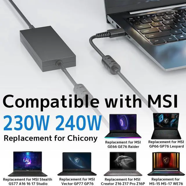 Alt view image 7 of 7 - AC Adapter 230W 240W Charger Fit for MSI GP66 GP76 GE66 GE76 Leopard Raider Stealth GS77 A16 16 17 Creator Z16 HX Pro Z17 Z16P Gaming Laptop A20-240P2A 20V 11.5A 12A Power Supply (230W ADP-230GB D)