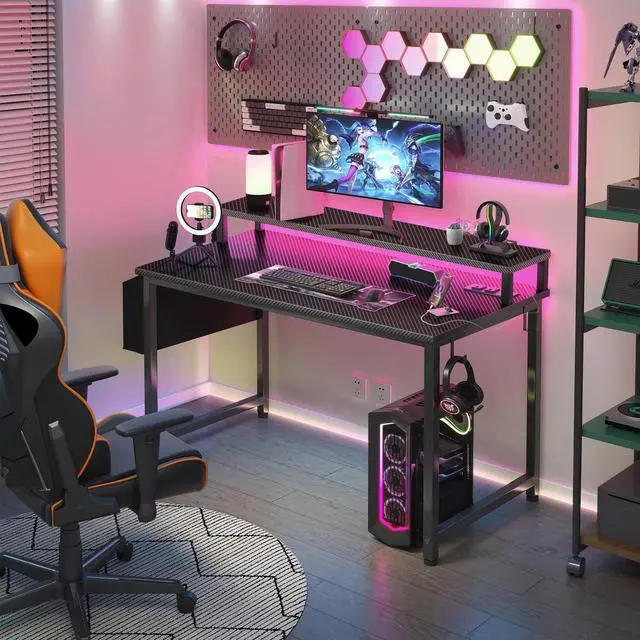 Alt view image 2 of 7 - Gaming Desk with Power Outlets and LED Lights, 40 Inch Gamer Desk Table with Charging Station, Home Office Computer Desks with Monitor, Black