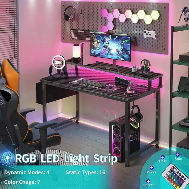 Alt view image 4 of 7 - Gaming Desk with Power Outlets and LED Lights, 40 Inch Gamer Desk Table with Charging Station, Home Office Computer Desks with Monitor, Black