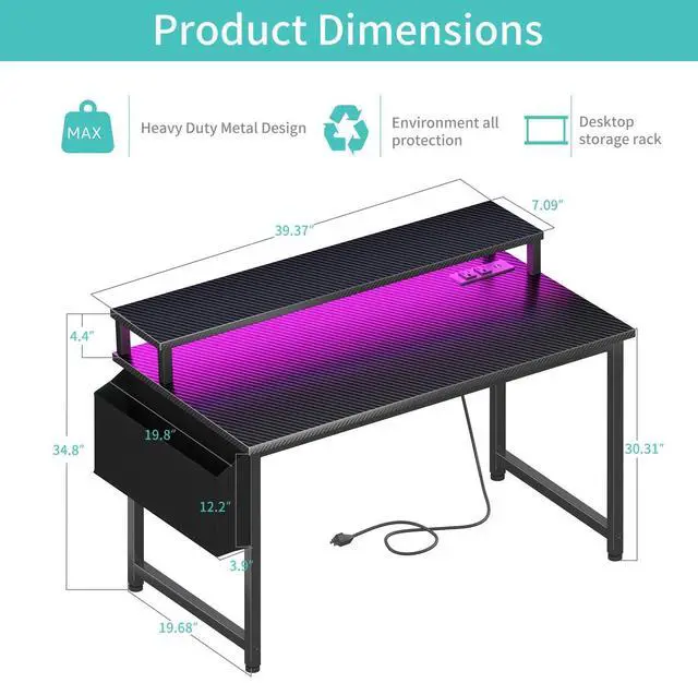 Alt view image 3 of 7 - Gaming Desk with Power Outlets and LED Lights, 40 Inch Gamer Desk Table with Charging Station, Home Office Computer Desks with Monitor, Black