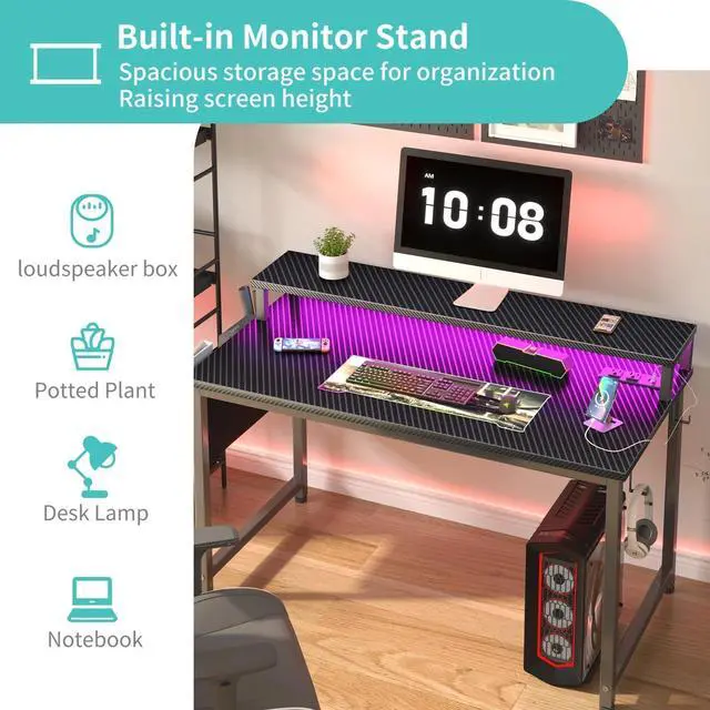 Alt view image 5 of 7 - Gaming Desk with Power Outlets and LED Lights, 40 Inch Gamer Desk Table with Charging Station, Home Office Computer Desks with Monitor, Black