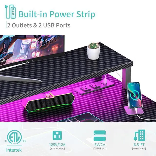 Alt view image 6 of 7 - Gaming Desk with Power Outlets and LED Lights, 40 Inch Gamer Desk Table with Charging Station, Home Office Computer Desks with Monitor, Black
