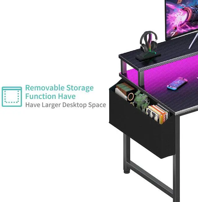 Alt view image 7 of 7 - Gaming Desk with Power Outlets and LED Lights, 40 Inch Gamer Desk Table with Charging Station, Home Office Computer Desks with Monitor, Black