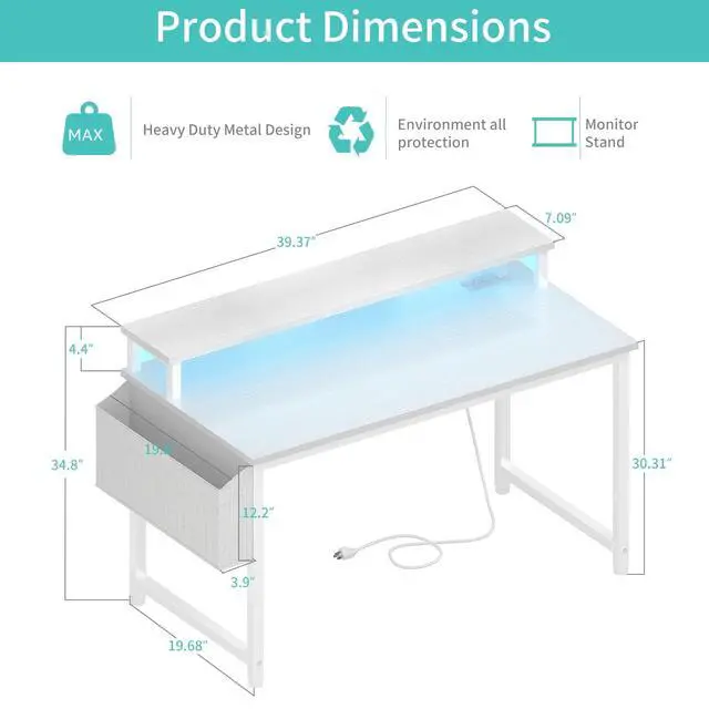 Alt view image 4 of 7 - White Computer Desk with LED Lights and Power Outlets, 40 Inch Home Office Desks with Monitor Stand, Teen Writing Study Table Gaming Desk with Charging Station, White