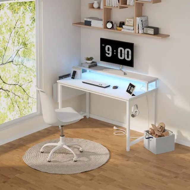 Alt view image 3 of 7 - White Computer Desk with LED Lights and Power Outlets, 40 Inch Home Office Desks with Monitor Stand, Teen Writing Study Table Gaming Desk with Charging Station, White