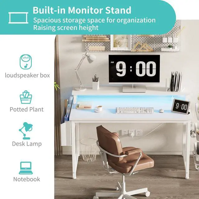 Alt view image 5 of 7 - White Computer Desk with LED Lights and Power Outlets, 40 Inch Home Office Desks with Monitor Stand, Teen Writing Study Table Gaming Desk with Charging Station, White