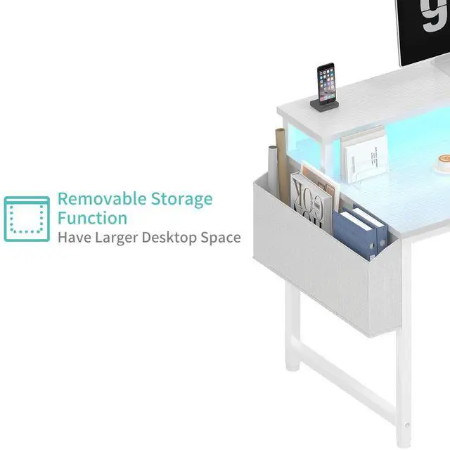 Alt view image 7 of 7 - White Computer Desk with LED Lights and Power Outlets, 40 Inch Home Office Desks with Monitor Stand, Teen Writing Study Table Gaming Desk with Charging Station, White