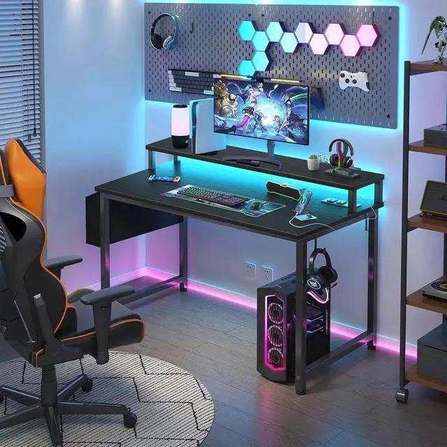 Alt view image 2 of 7 - Small Desk with Power Outlets and LED Lights, 32 Inch Teen Writing Study Table Home Office Computer Desks with Monitor Stand, Gaming Desk with Charging Station, Black