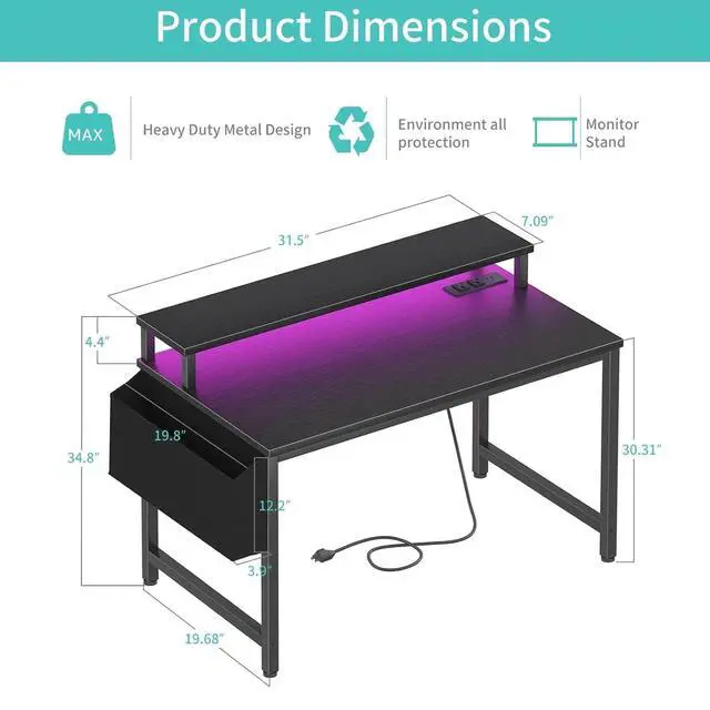 Alt view image 3 of 7 - Small Desk with Power Outlets and LED Lights, 32 Inch Teen Writing Study Table Home Office Computer Desks with Monitor Stand, Gaming Desk with Charging Station, Black