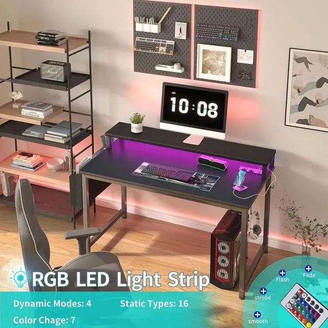 Alt view image 4 of 7 - Small Desk with Power Outlets and LED Lights, 32 Inch Teen Writing Study Table Home Office Computer Desks with Monitor Stand, Gaming Desk with Charging Station, Black