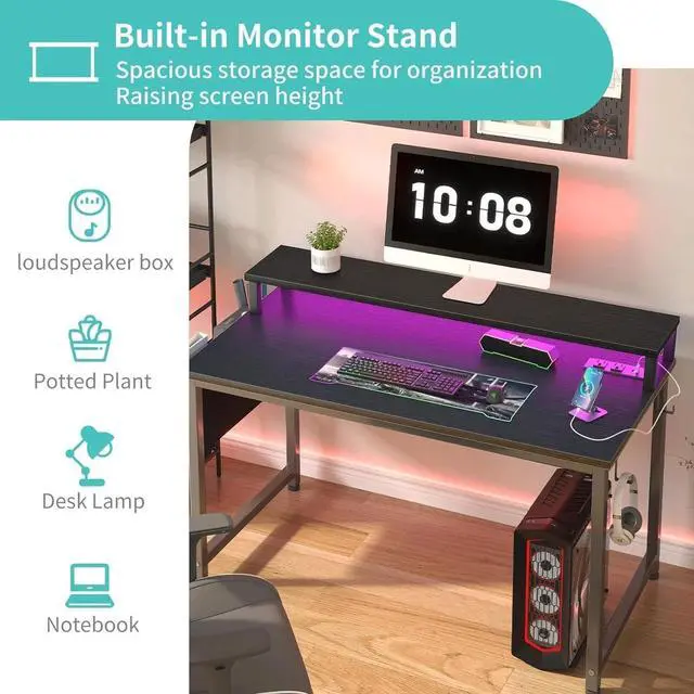 Alt view image 5 of 7 - Small Desk with Power Outlets and LED Lights, 32 Inch Teen Writing Study Table Home Office Computer Desks with Monitor Stand, Gaming Desk with Charging Station, Black