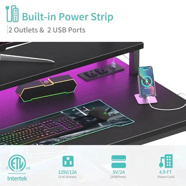 Alt view image 6 of 7 - Small Desk with Power Outlets and LED Lights, 32 Inch Teen Writing Study Table Home Office Computer Desks with Monitor Stand, Gaming Desk with Charging Station, Black